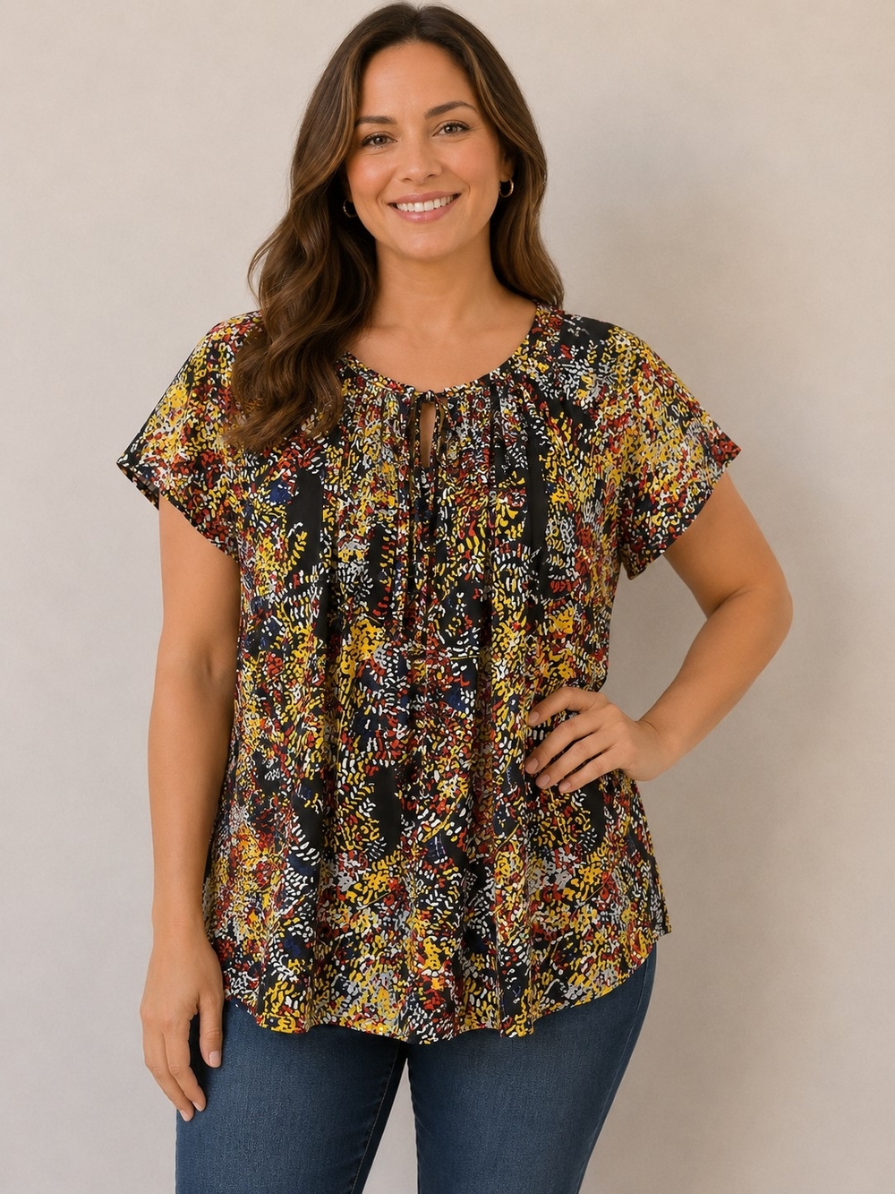 Womens Black Floral Tie-Neck Short Sleeve Blouse Size Large